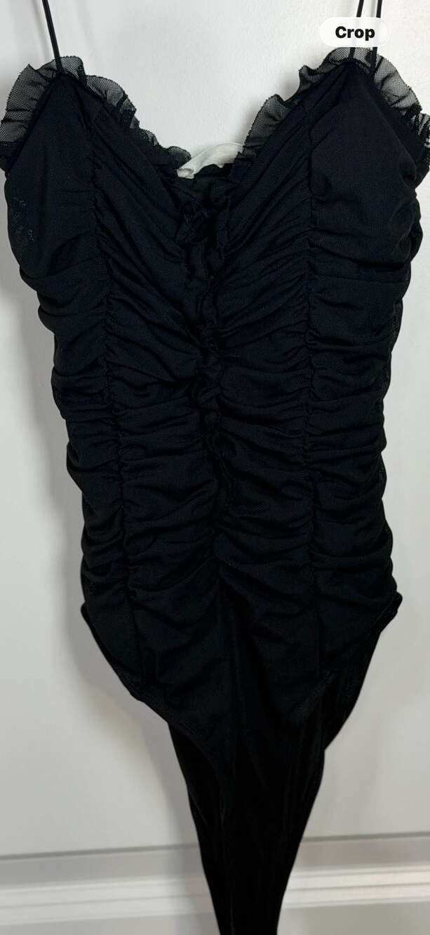 American Threads Black Ruffle Mesh Ruched Bodysuit - Picture 8 of 8